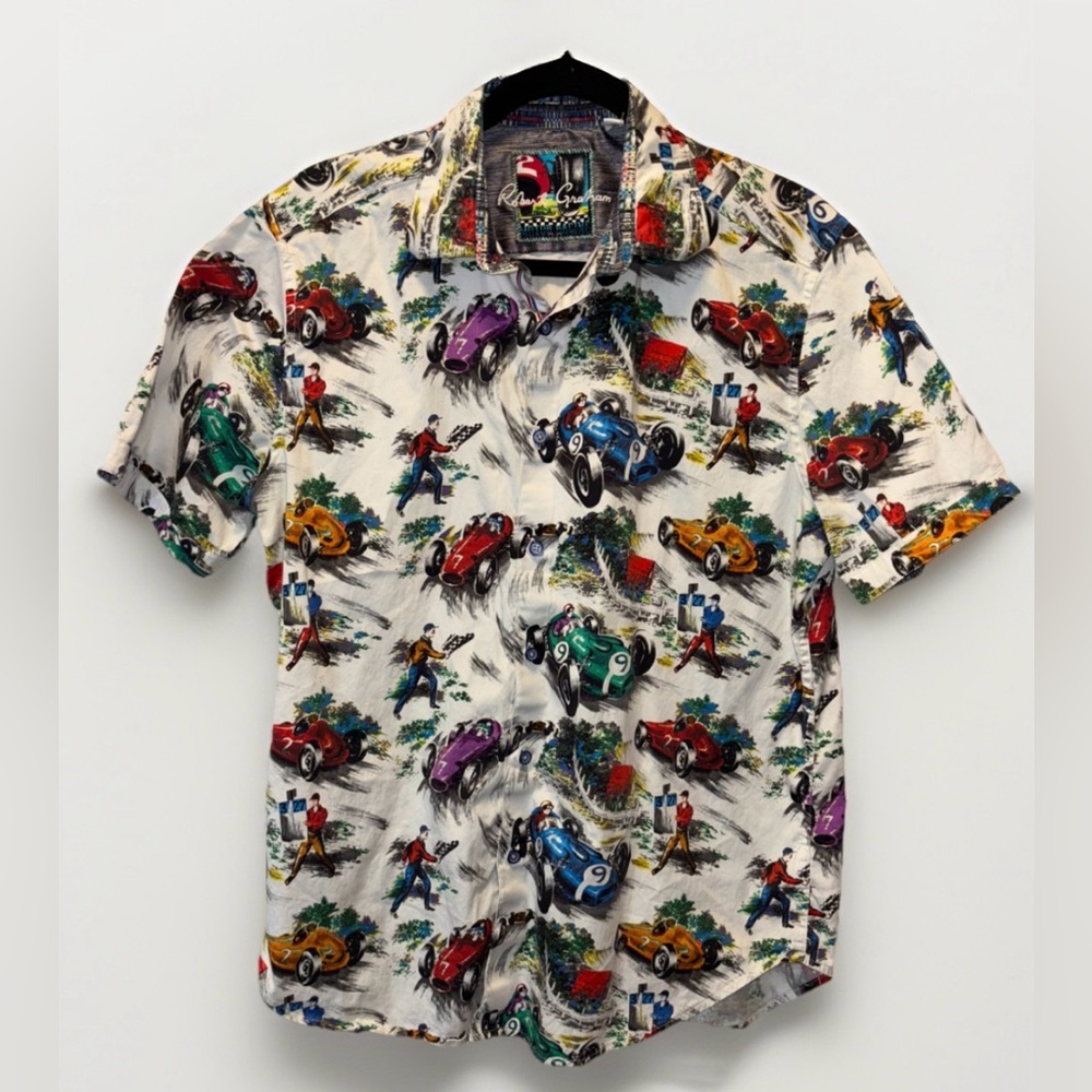 Robert Graham Size L $198 LEGENDS Short Sleeve Racing Print Shirt Classic Fit